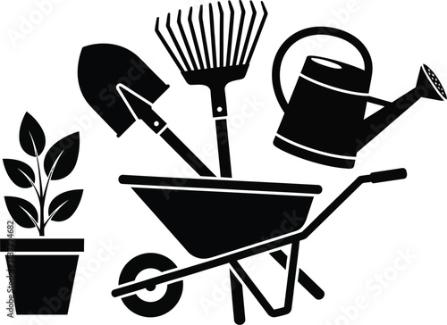 Vector art of gardening tools in a wheelbarrow