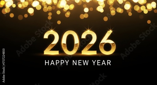 Sparkling golden 2026 happy new year greeting with festive bokeh lights