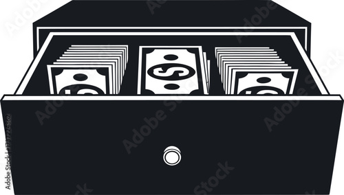 Vector art of an open cash register with money inside