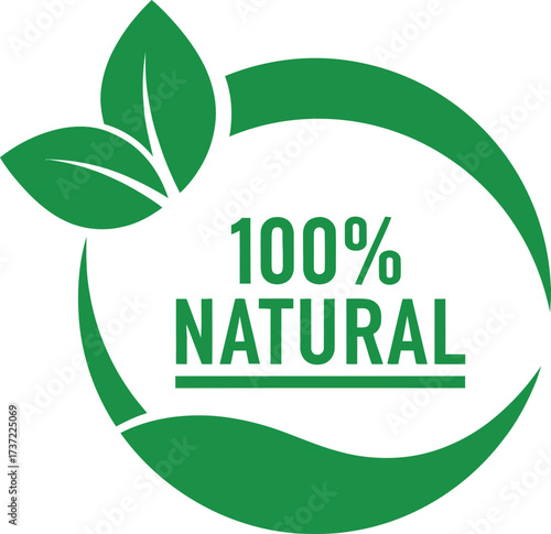 100 Percent Natural Green Label Design with Leaves and Rounded Shape Element