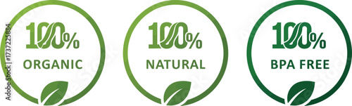 100% Organic, Natural, and BPA Free Green Circle Label Icons with Leaves on White