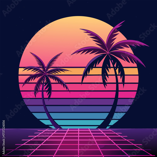 Retro sunset with palm trees and a grid, evoking a sense of nostalgia and summer vibes.