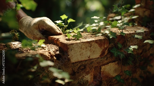 Hand Laying Brown Brick In Old Wall With Ivy