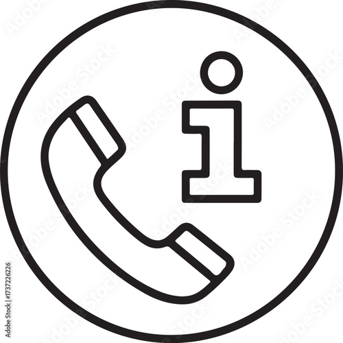 Simple line art icon of a telephone handset and information symbol inside a circle