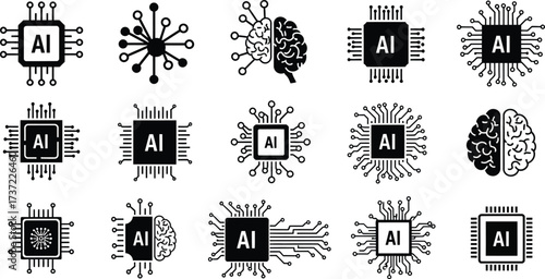 AI Brain Icons Set with Circuit Board Element in Black Silhouette on White Background