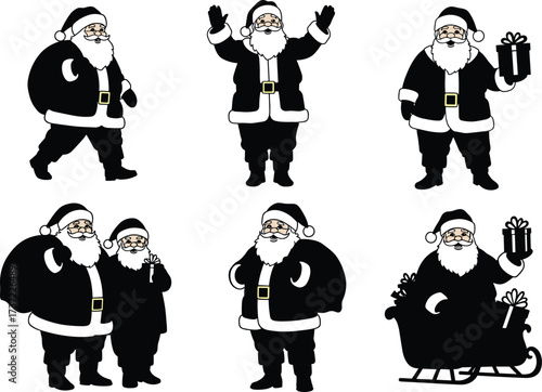 Santa Claus cartoon, festive Christmas character, holiday vector illustration, gift delivery poses, red suit icon, seasonal clipart, cheerful celebration, sleigh and present graphics