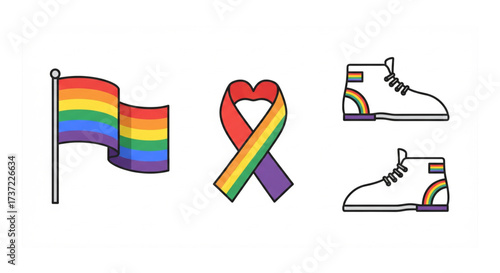 Colorful vector illustration of LGBTQ+ pride symbols a waving rainbow flag a heart-shaped ribbon and two white rainbow sneakers