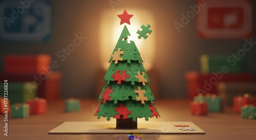 Christmas tree made of puzzle pieces with gifts around it, festive holiday decoration