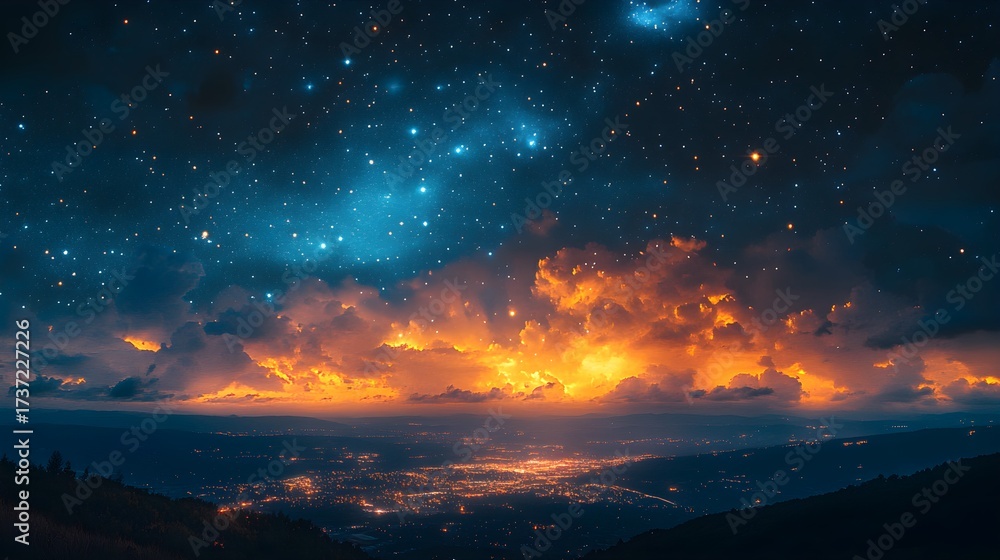Fototapeta premium Night sky with stars and fiery clouds over a city.