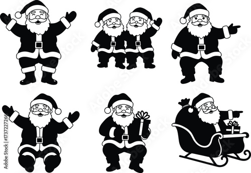 Santa Claus illustrations, festive Christmas character, black and white vector, sleigh and gift poses, seasonal clipart, holiday icon, winter celebration, cheerful graphic design