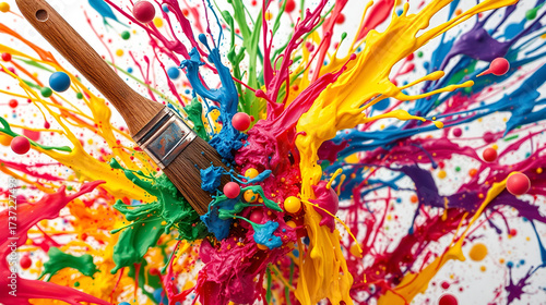 The image presents brushes flinging vibrant paint in a whirl of colors, encapsulating the chaos and spontaneity of the creative process, filled with energy and passion.