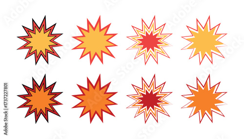 Comic style explosion icons set, explosion blast burst detonation boom vector effect, sale badge, sticker