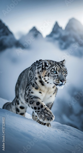 Majestic snow leopard prowling through snowy mountain terrain, showcasing its stunning blue eyes and powerful presence