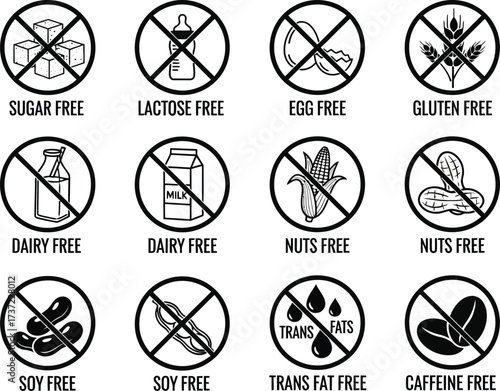 Allergen Warning Icons Set Sugar, Lactose, Egg, Gluten, Dairy, Nuts, Soy, Trans Fat, Caffeine