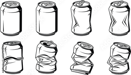 Aluminum Can Damage Stages Set Line Art Style Metallic Container Condition Stages