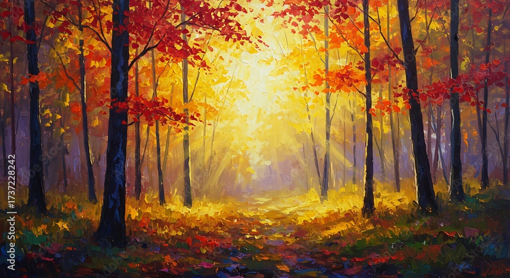 Fototapeta premium Golden Autumn Forest Path in Warm Sunlight