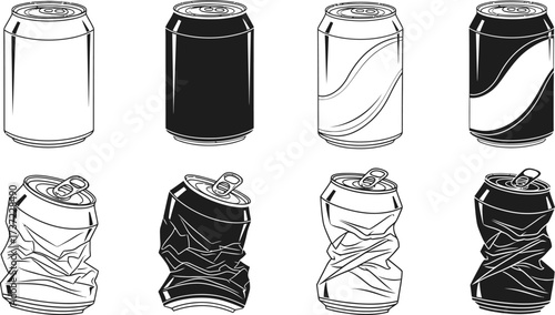 Aluminum Can Set Line Art, Black Fill, Full and Crushed Beverage Container