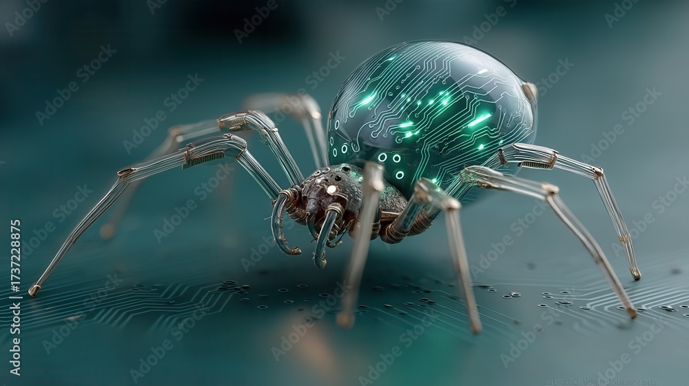 Fototapeta premium halloween technology concept. Futuristic spider with circuit patterns and metallic texture.