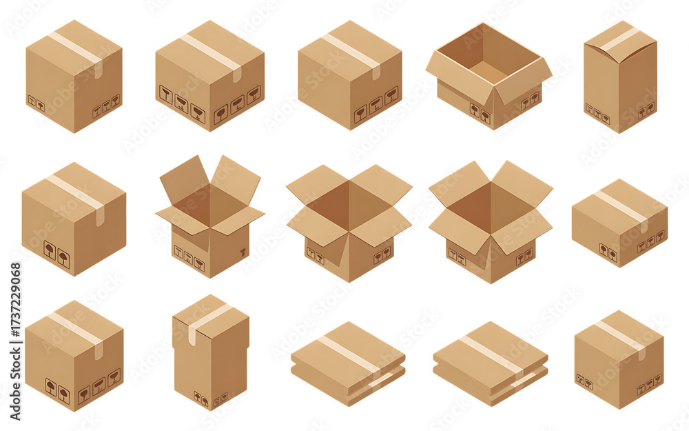 Fototapeta premium Collection of isometric cardboard boxes for shipping and delivery logistics