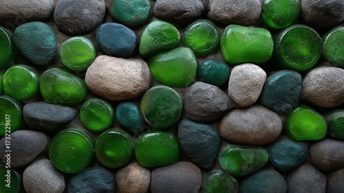 Close up view of a wall constructed from smooth rounded stones and green glass pieces