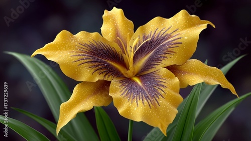 Close up of a yellow iris flower with dark purple markings and water droplets on its petals