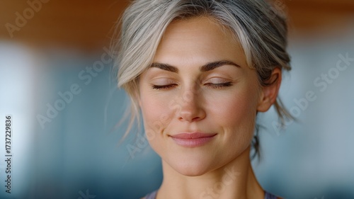 Woman with closed eyes serene expression and graying blonde hair in a soft focus indoor setting
