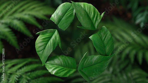 A recycling symbol formed from vibrant green leaves against a dark foliage background
