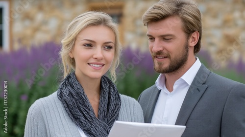 Smiling blonde woman and man in suits looking at a document outdoors with purple flowers