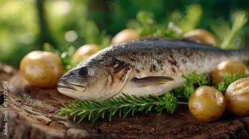 Fresh whole fish with baby potatoes and rosemary sprigs arranged on wood