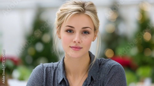 Portrait of a young blonde woman with blue eyes wearing a grey patterned shirt with blurred festive background lights