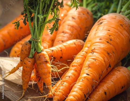 Freshly Harvested Carrots on Wooden Surface.