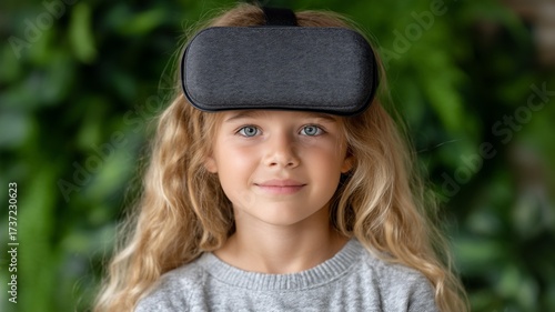 Young girl with blonde hair wearing a virtual reality headset looking at the camera