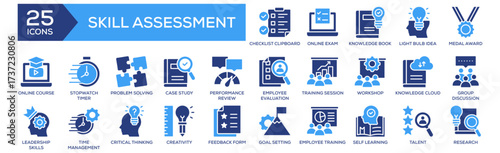 Skill Assessment icon collection set. Containing design Checklist Clipboard, Stopwatch Timer, Knowledge Book, Problem Solving. Solid icon collection.