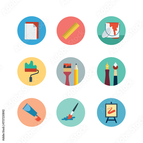 Flat vector illustration of art and design tools icons including paintbrush, paint roller, ruler, notebook, pencil, paint tube, palette, and easel. Perfect for graphic design, creative projects, schoo