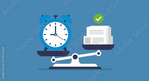 Illustration showing a balance scale with an alarm clock and a stack of papers.