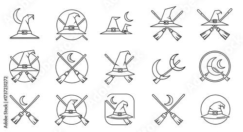 Spooky Halloween Witch Hat Broomstick Crescent Moon Outline Vector Icon Collection Simple Line Art Design Set on White Background