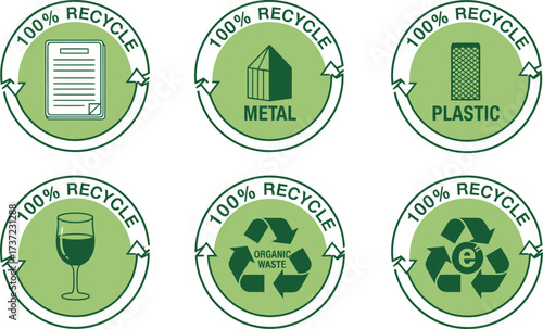 Assorted Green Recycling Symbols Including Paper, Plastic, Metal, and Glass Icons