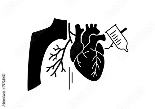 Stylized black human heart lung and syringe glyph icon for medical treatment.