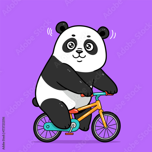 Cheerful panda rides orange-blue-purple bike with wide eyes and blush, motion lines on purple background.