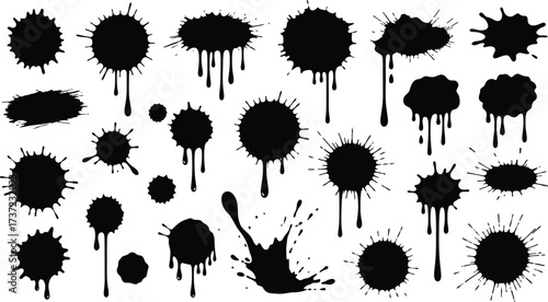 Assorted Ink Blots Set on White Background, Black Spots and Splatters Design