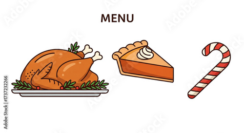 Delicious Cartoon Holiday Menu Featuring Roasted Turkey Pumpkin Pie Slice and Candy Cane Festive Dinner Celebration Art Illustration