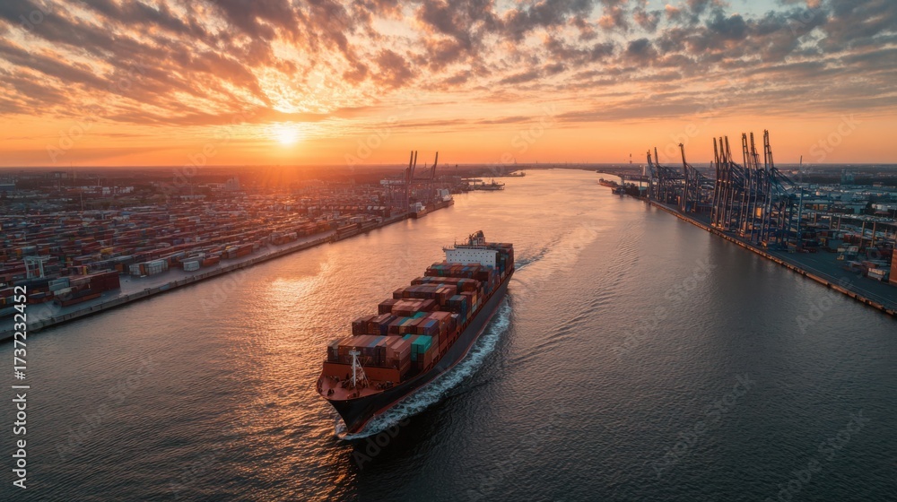 Fototapeta premium Container ship sailing in harbor at sunset with colorful clouds and loading cranes in a bustling commercial port