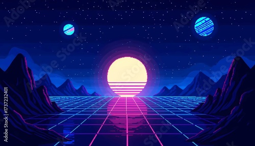 An immersive cyberpunk night landscape featuring dramatically lit mountains under a starry, deep blue sky