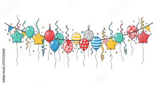 Vibrant hand-drawn party banner graphic with colorful balloons, confetti, streamers, and pennant bunting for festive celebrations.