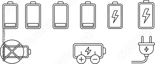 Batteries Icons Set Outlined Style. Battery Charge Level Indicators on Transparent Background