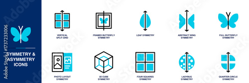 Symmetry and Asymmetry Blue Colored Outline Icon Set