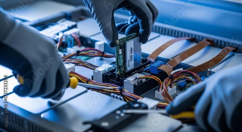 Plakat Technician assembling EV battery management system
