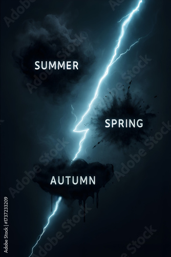  Seasons: Dynamic Climatic Transition, Energy: Electric Seasonal Burst, Power: Volatile Elemental Display, Impact: Sudden Weather Revelation, Forecast: Intense Climatic Prediction, Brush Stroke