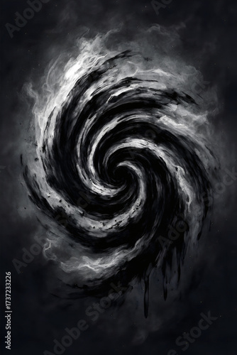 Vortex: Grayscale Chaotic Gyre, Destiny: Inevitable Spiral Path, Conflict: Gritty Convoluted Tension, Focus: Concentric Intense Attraction, Gravity: Intense Centripetal 