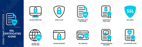 SSL Certificates Blue Colored Outline Icon Set
